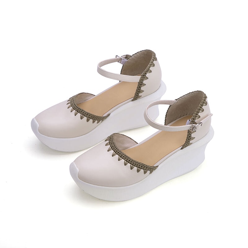 Handmade Cow Leather 90mm Heel Wedge Platform Sandals in White/Blue/Brown - Image 7