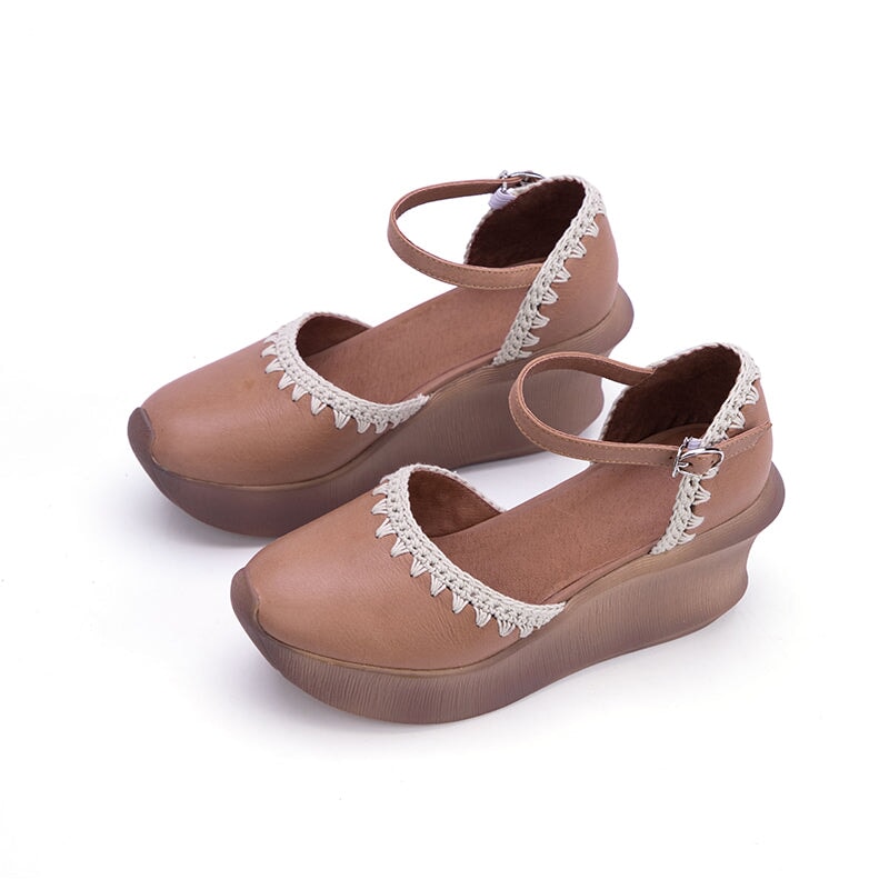 Handmade Cow Leather 90mm Heel Wedge Platform Sandals in White/Blue/Brown - Image 6