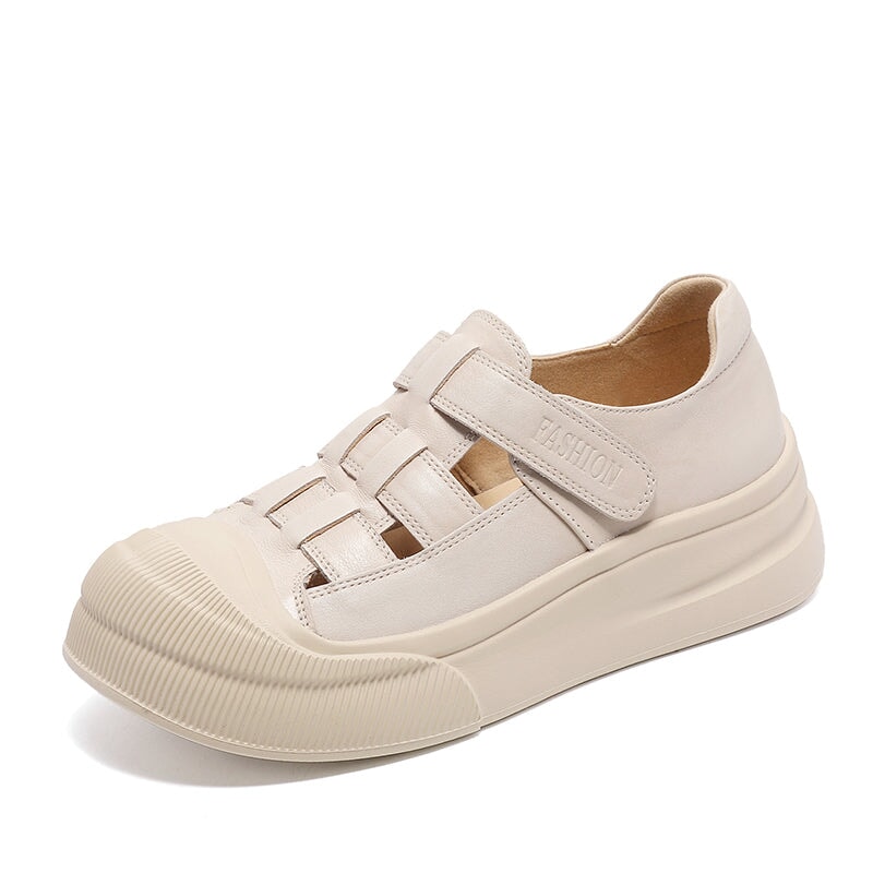 Platform Cow Leather Hollow-Out Roman Fisherman Sandals with Velcro in Beige/Yellow/Taro Color - Image 7