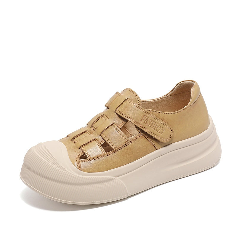 Platform Cow Leather Hollow-Out Roman Fisherman Sandals with Velcro in Beige/Yellow/Taro Color - Image 6