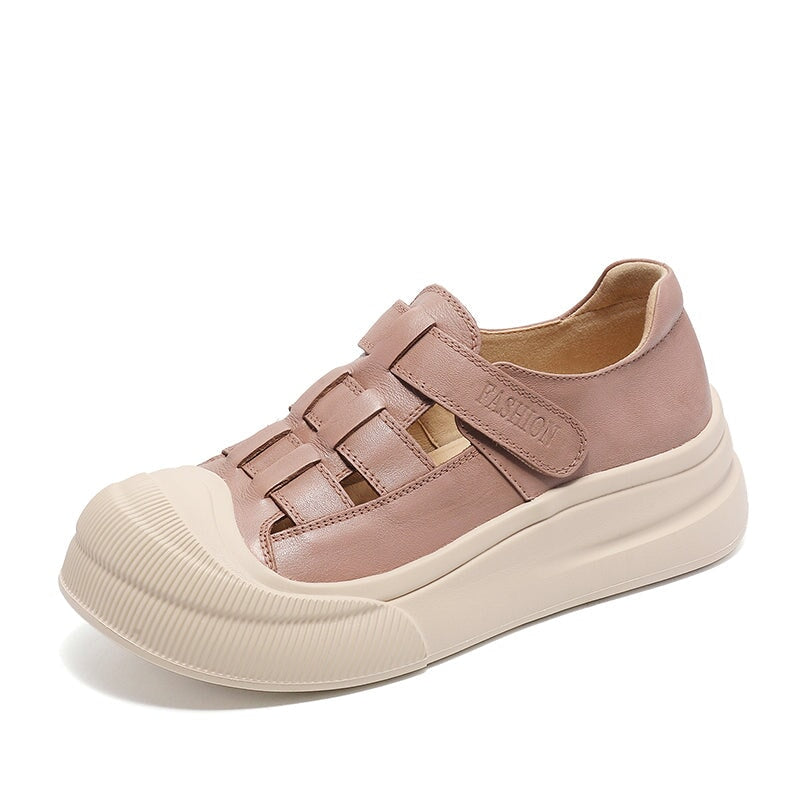 Platform Cow Leather Hollow-Out Roman Fisherman Sandals with Velcro in Beige/Yellow/Taro Color - Image 8