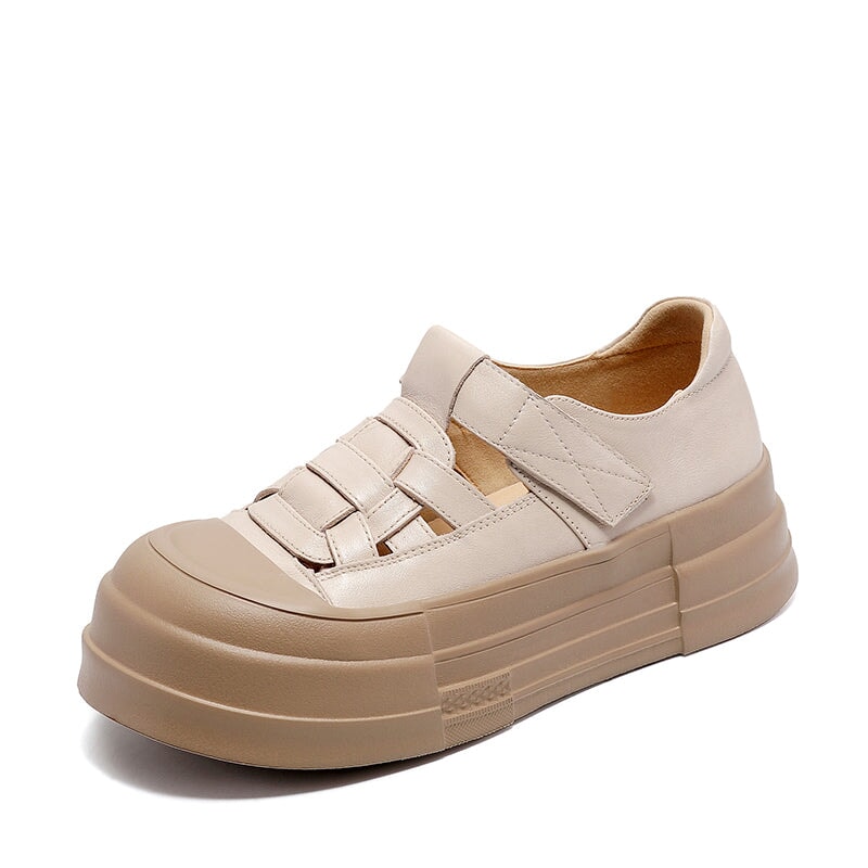 50mm Platform Cow Leather Hollow-Out Roman Fisherman Sandals with Velcro in Beige/Yellow/Green - Image 7