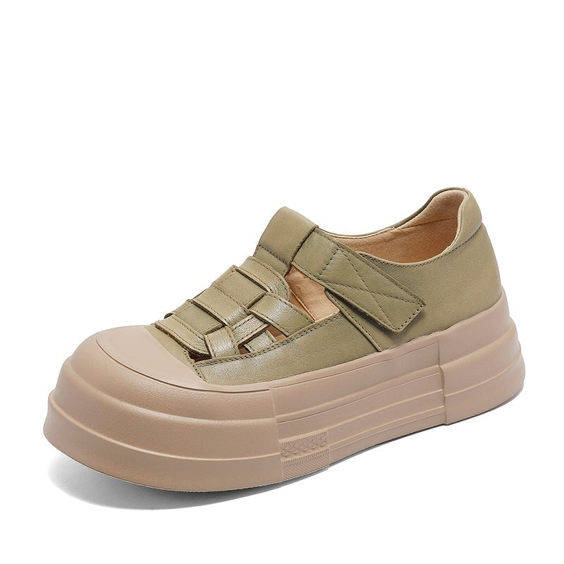 50mm Platform Cow Leather Hollow-Out Roman Fisherman Sandals with Velcro in Beige/Yellow/Green - Image 9