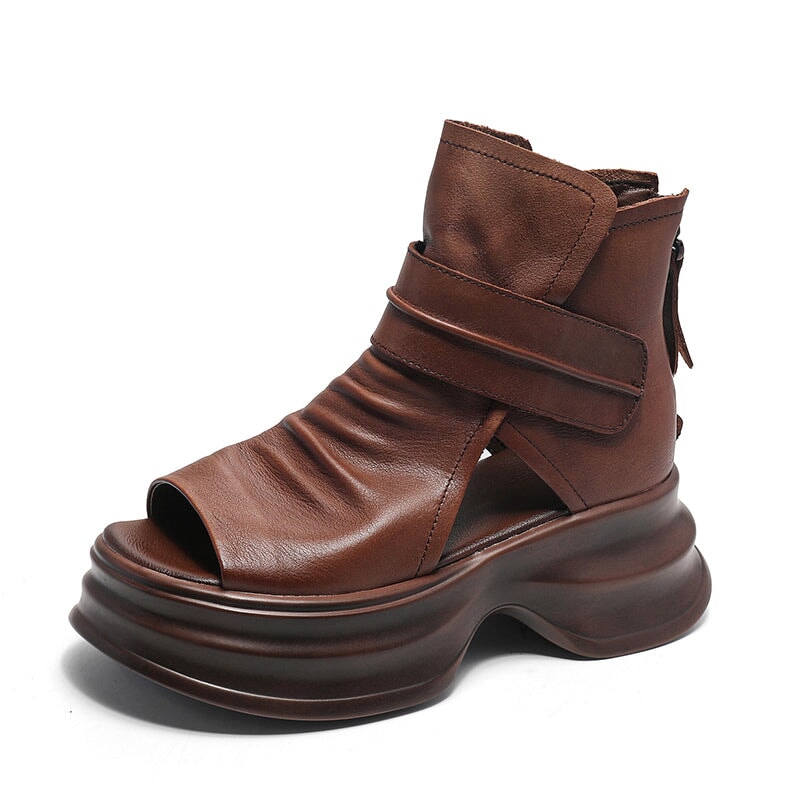 Handmade Leather Light Platform Sandals For Women Mori Girl Style in Black/Brown - Image 8