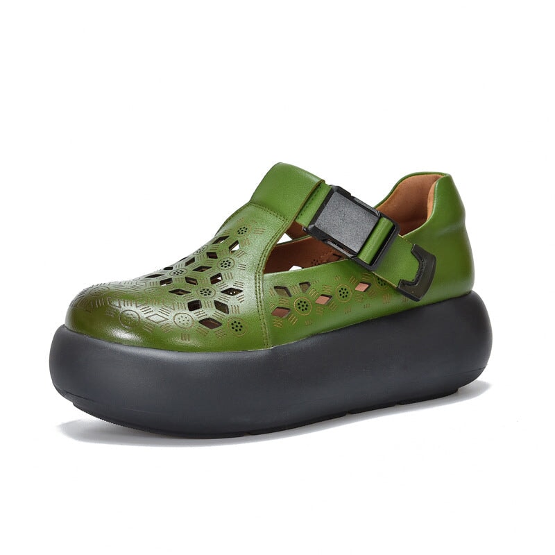 Mori Girl Style Hollow Out Soft Leather T-Strap Platform Shoes for Women with Buckle in Black/Green/Brown - Image 9