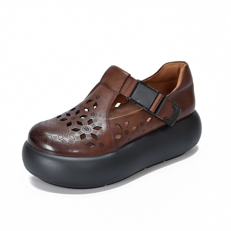 Mori Girl Style Hollow Out Soft Leather T-Strap Platform Shoes for Women with Buckle in Black/Green/Brown - Image 7