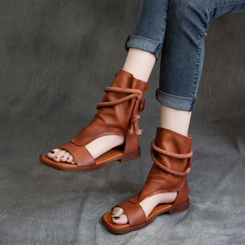 Genuine Leather Strappy Sandals Boots For Women Peep Toe Back Zipper Flat Gladiator Sandals Black/Brown/Coffee - Image 5