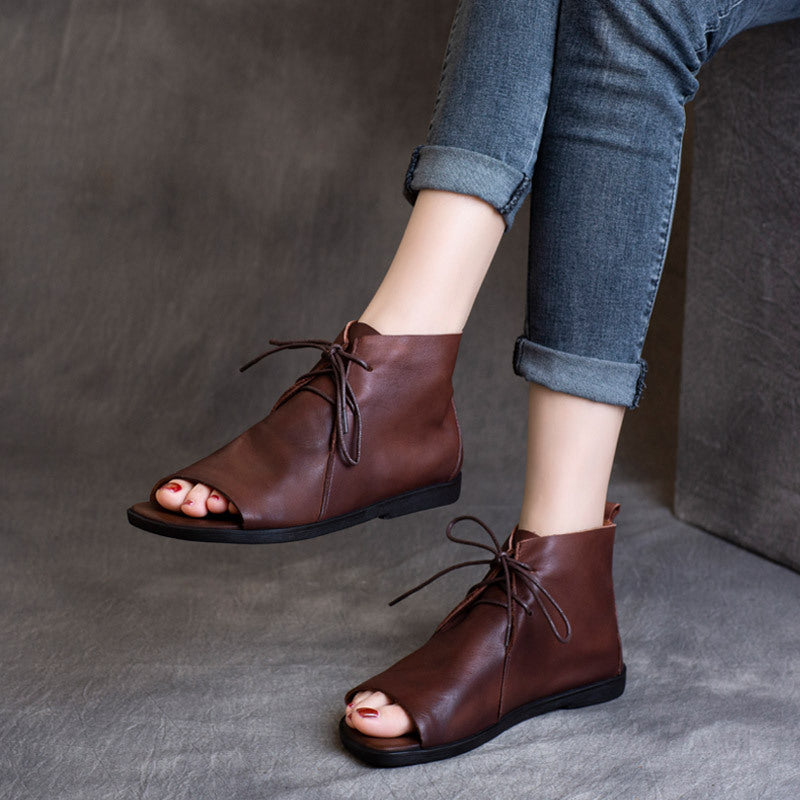 Handmade Retro Leather Lace Up Summer Sandals For Women Open Toe Coffee/Black/CoffeeNew/BlackNew - Image 8