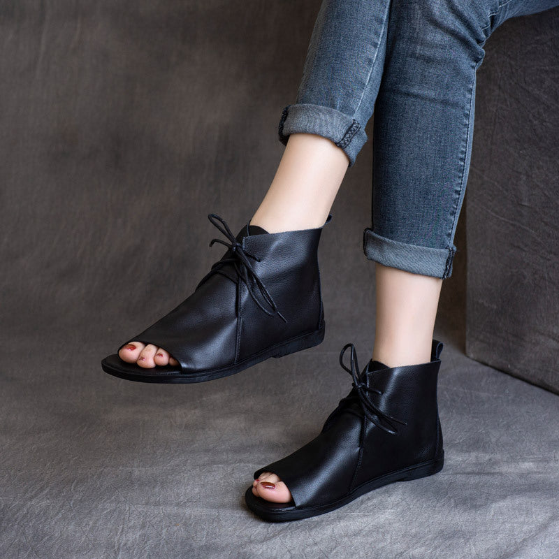 Handmade Retro Leather Lace Up Summer Sandals For Women Open Toe Coffee/Black/CoffeeNew/BlackNew - Image 11