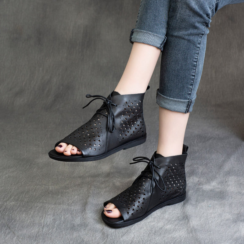 Handmade Retro Leather Lace Up Summer Sandals For Women Open Toe Coffee/Black/CoffeeNew/BlackNew - Image 7