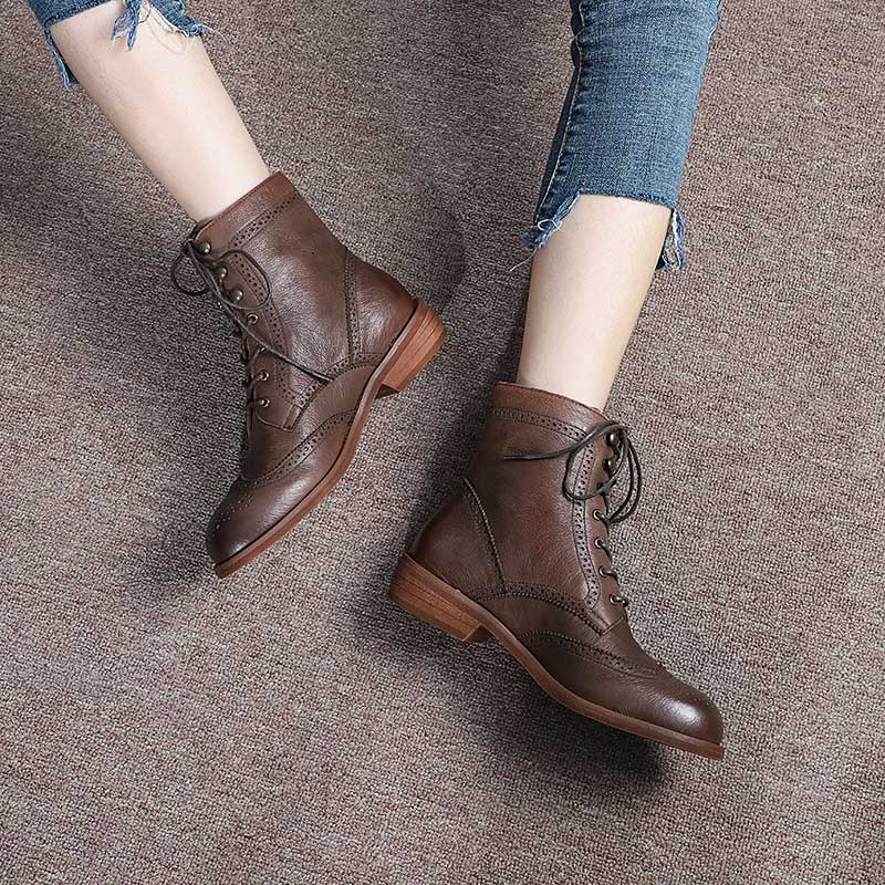 Handmade Wingtip Shoes Leather Martin Boots Block Carving Brogue Ankle Boot For Women Black/Coffee - Image 8