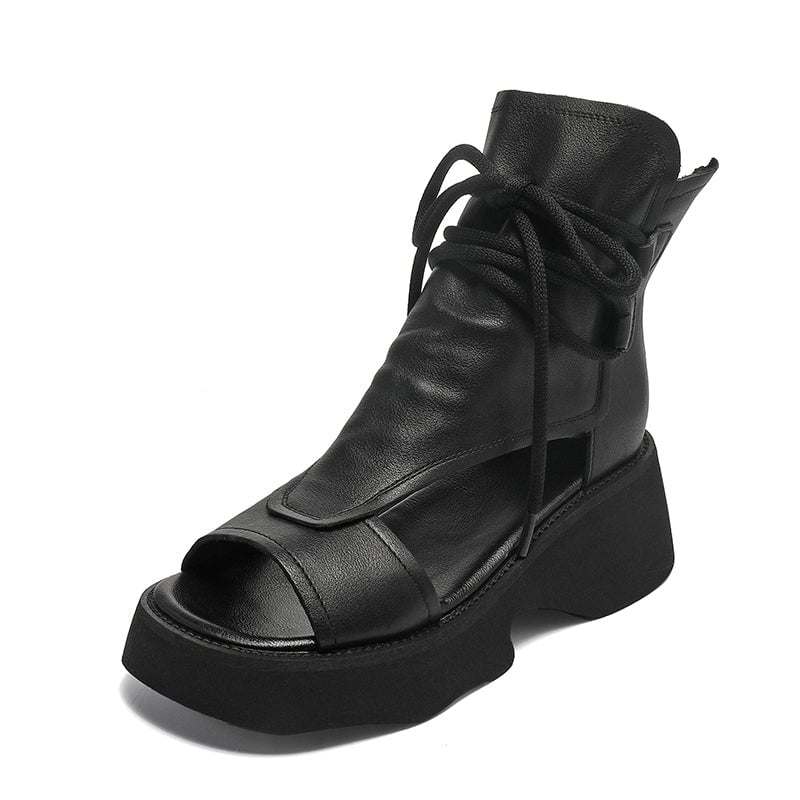 Leather Platform Sandals Boots For Women Peep Toe Gladiator Sandals in Black/Brown/Khaki - Image 7