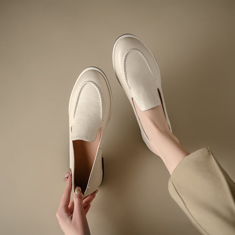 Minimalist Women's Cow Leather Flats Slip On Casual Loafers in White/Black - Image 8