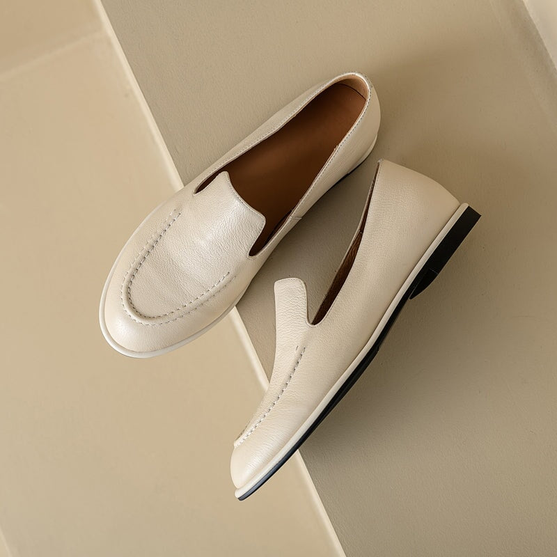 Minimalist Women's Cow Leather Flats Slip On Casual Loafers in White/Black - Image 2