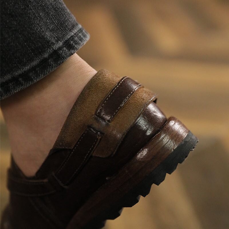 Middle English-Womens Handmade Full Grain Horse Leather Flat Loafers - Black/Coffee - Image 6