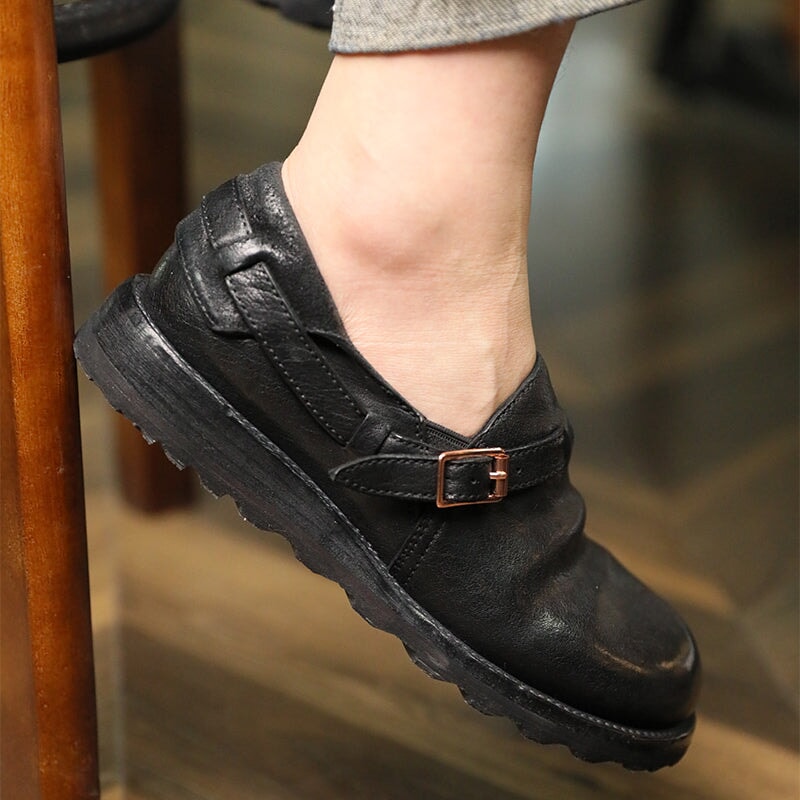 Middle English-Womens Handmade Full Grain Horse Leather Flat Loafers - Black/Coffee - Image 8