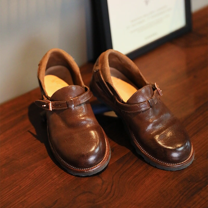 Middle English-Womens Handmade Full Grain Horse Leather Flat Loafers - Black/Coffee - Image 3