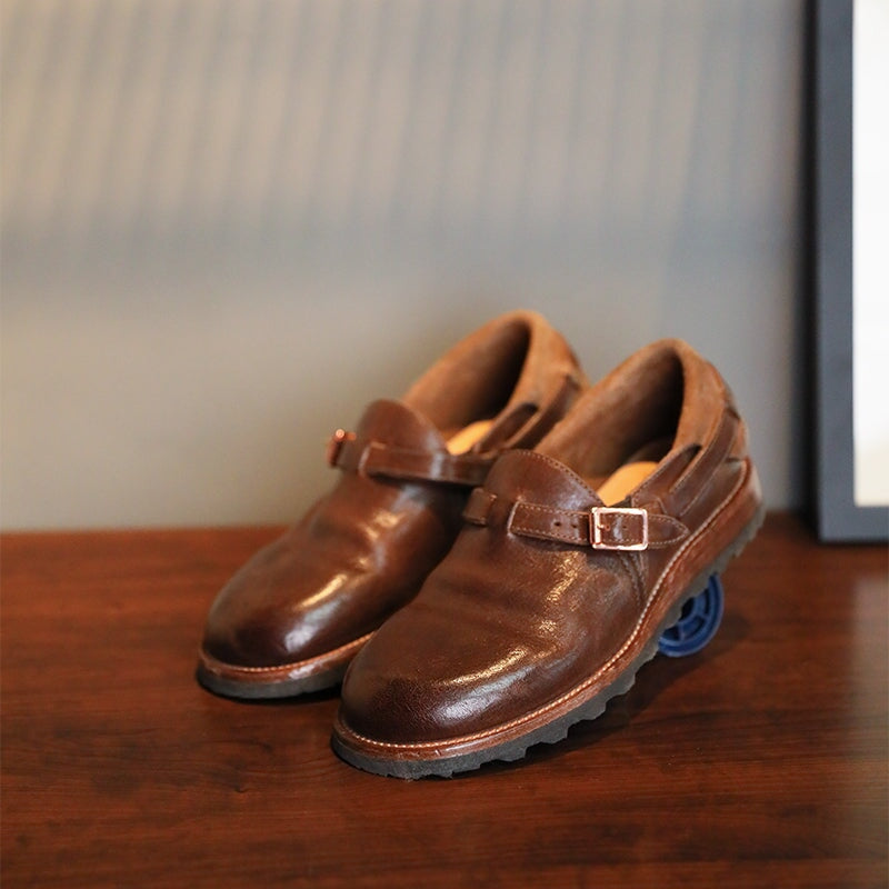 Middle English-Womens Handmade Full Grain Horse Leather Flat Loafers - Black/Coffee - Image 2