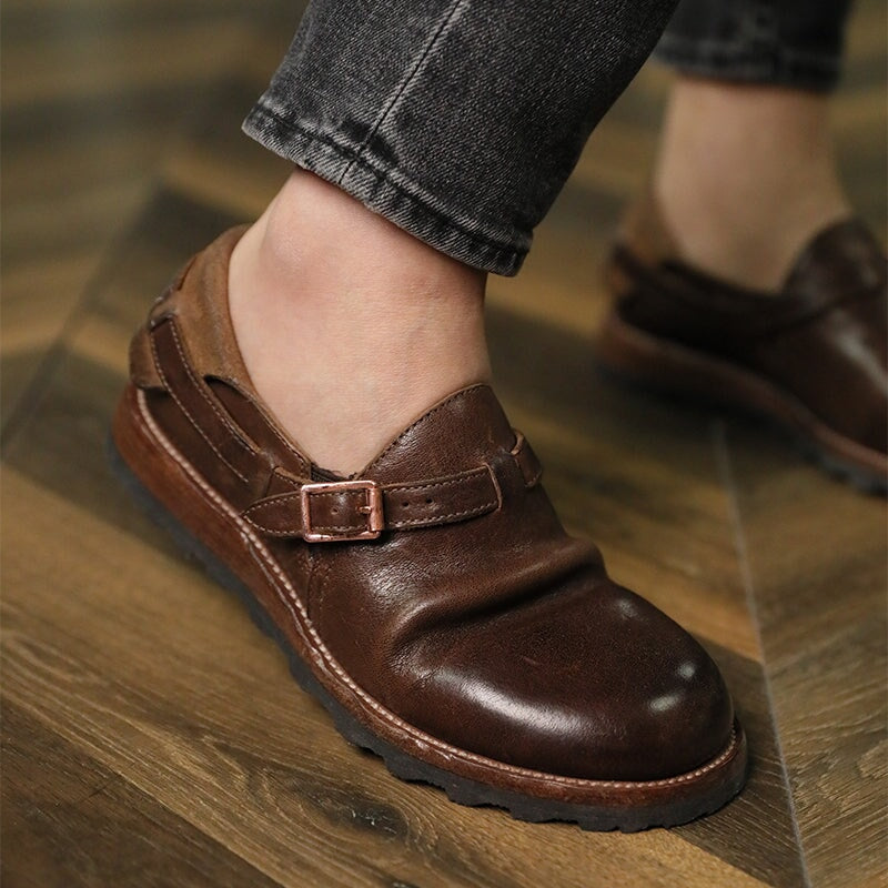 Middle English-Womens Handmade Full Grain Horse Leather Flat Loafers - Black/Coffee - Image 4