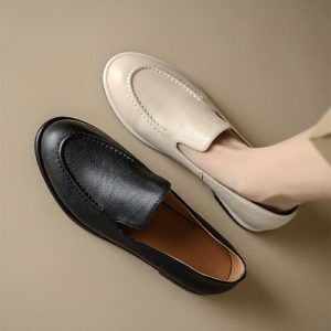 Minimalist Women's Cow Leather Flats Slip On Casual Loafers in White/Black