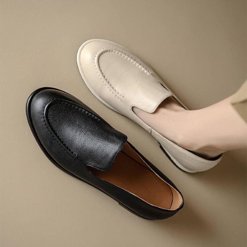 Minimalist Women's Cow Leather Flats Slip On Casual Loafers in White/Black