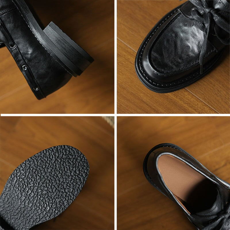 British Style Lace-up Waxing Cow Leather Loafers for Women in Coffee/Black - Image 9