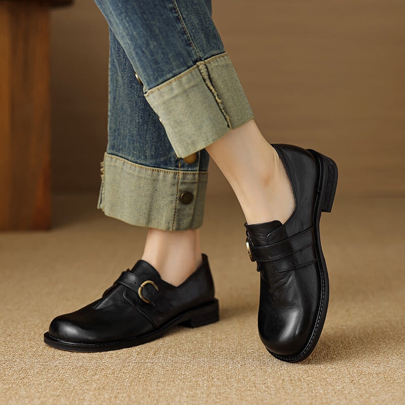 Preppy Style Womens Soft Leather Monk Strap Loafers in Black/Brown - Image 4