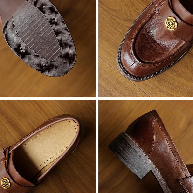 Vintage Round Toe Cow Leather Penny Loafers with Metal Camellia Design in Brown/Black - Image 10