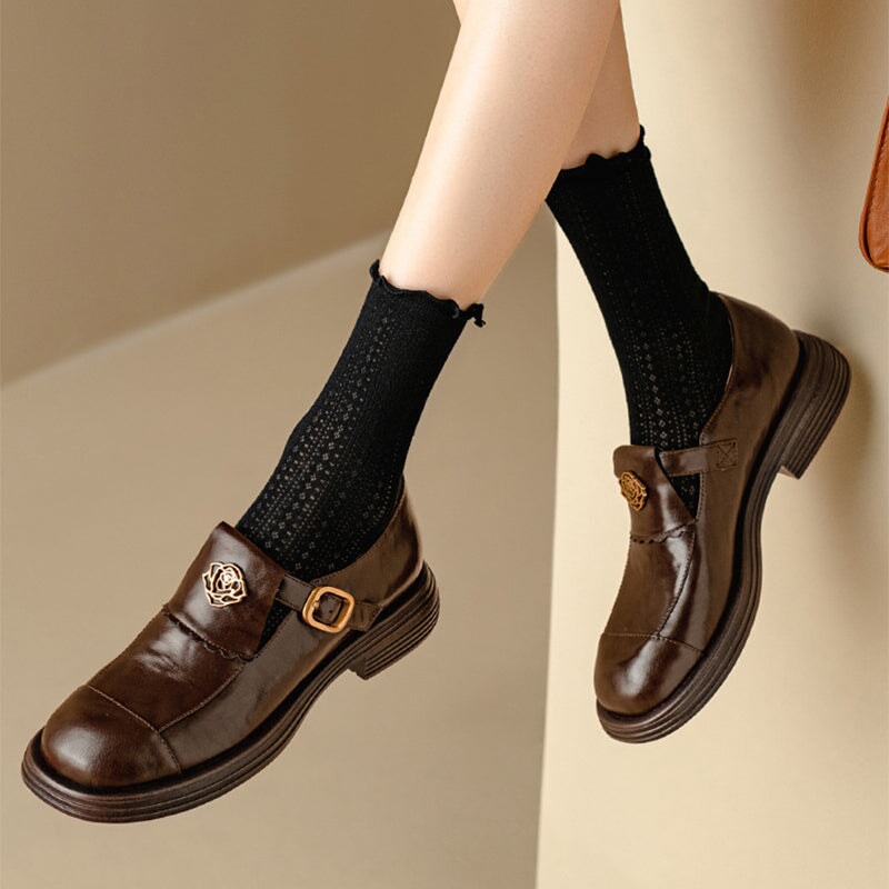 Handmade Leather Round Toe Loafers For Women In Black/Coffee - Image 2