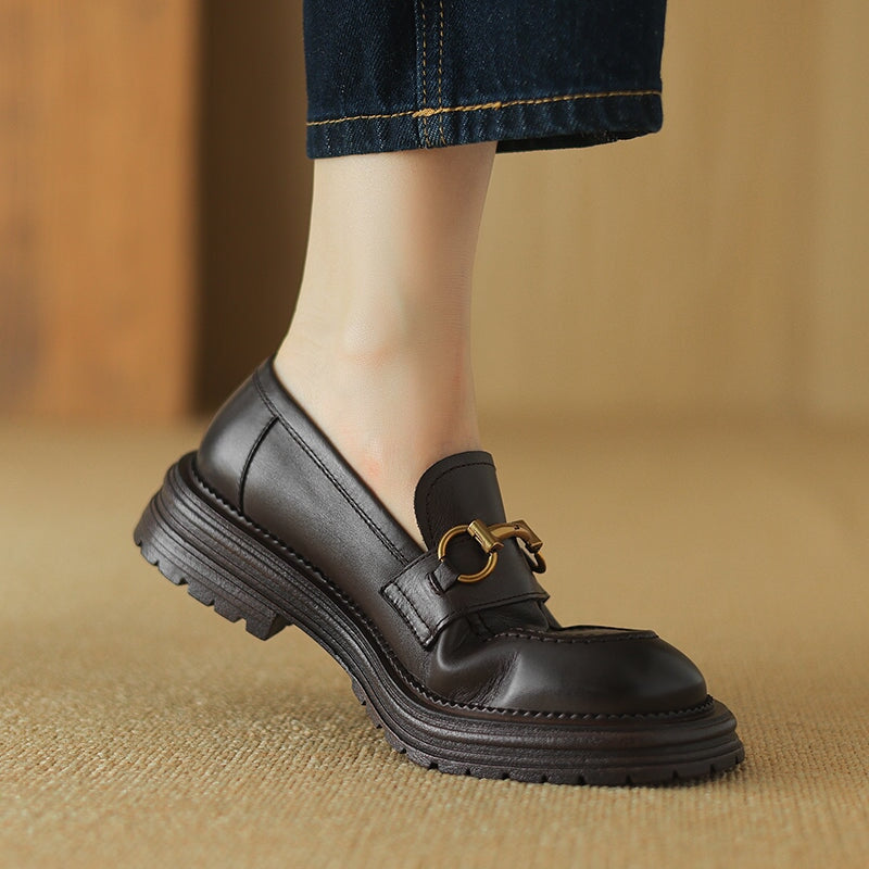 Vintage Horsebit Leather Penny Loafers for Women Slip-On Platform Shoes in Dark Brown/Dark Khaki - Image 5