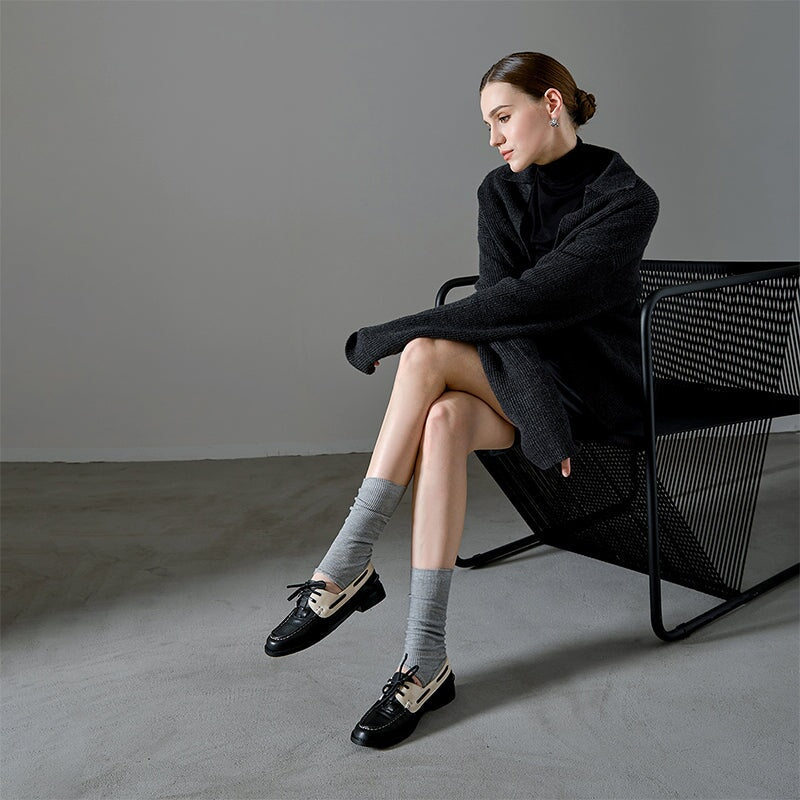 British Style Leather Boat Shoes for Women Contrast Color Lace-Up Loafers in Black/Brown - Image 4