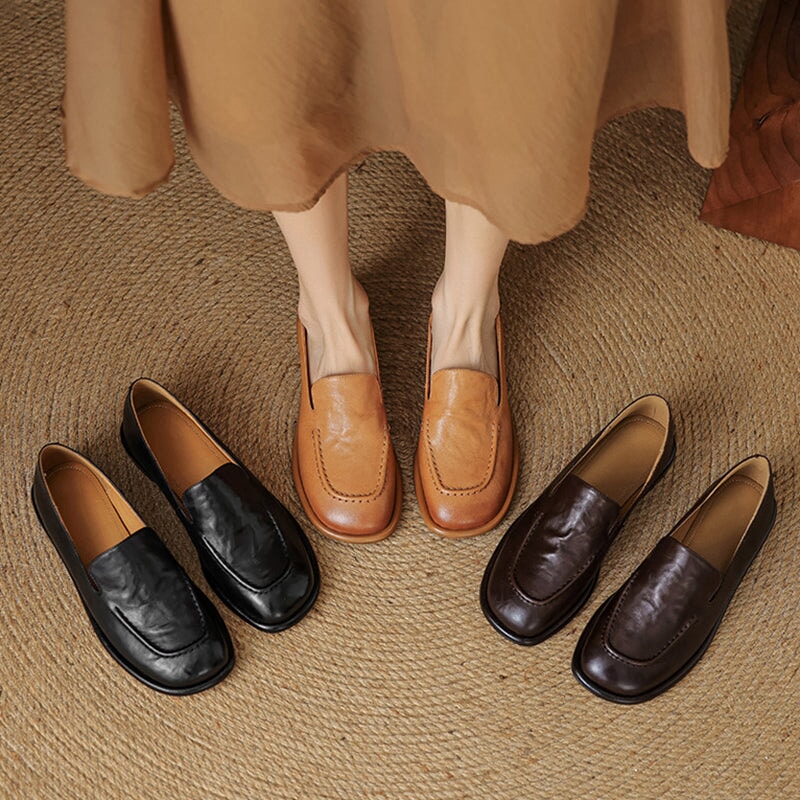 British Style Women Flats Slip On Leather Loafers in Brown/Coffee/Black - Image 3
