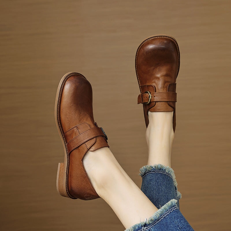 Preppy Style Womens Soft Leather Monk Strap Loafers in Black/Brown - Image 6