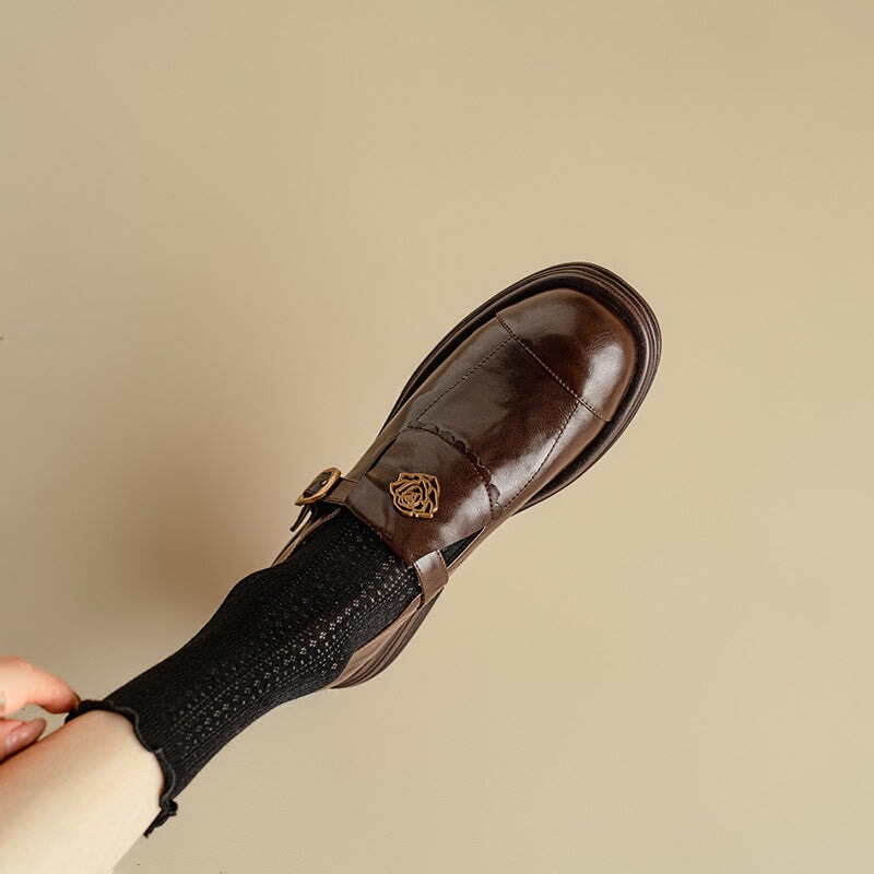 Handmade Leather Round Toe Loafers For Women In Black/Coffee - Image 7