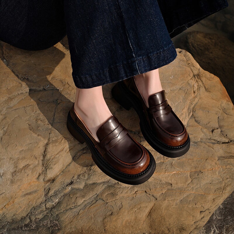 Round Toe Leather Penny Loafers for Women in Coffee/Black - Image 2