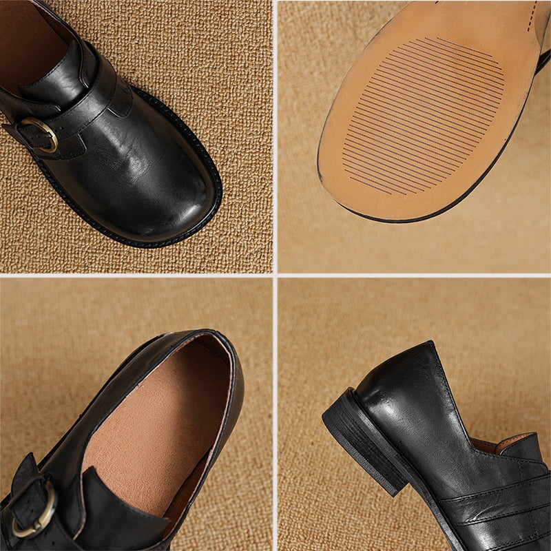 Preppy Style Womens Soft Leather Monk Strap Loafers in Black/Brown - Image 9