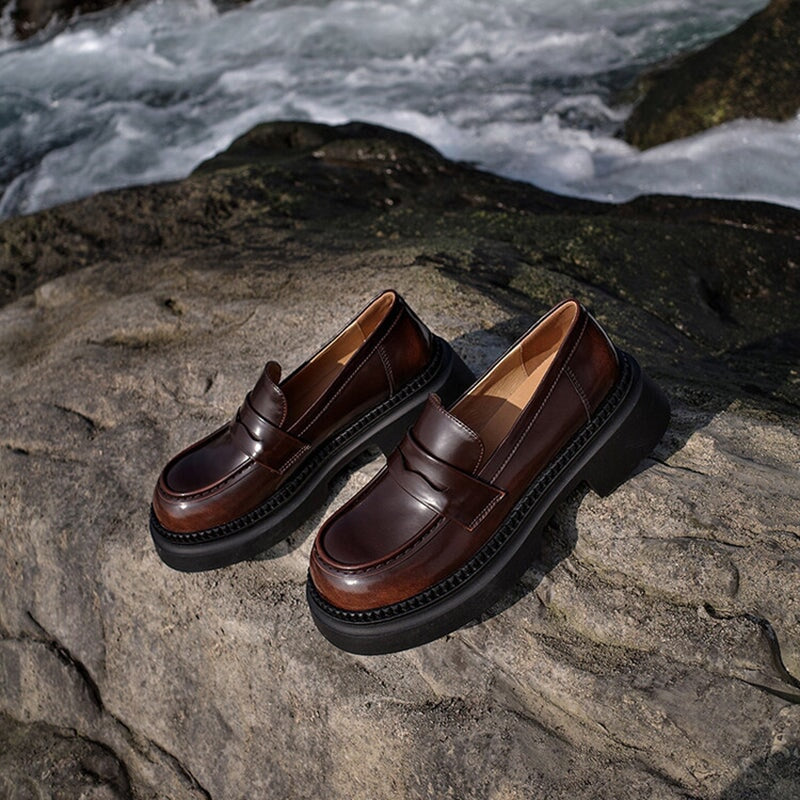 Round Toe Leather Penny Loafers for Women in Coffee/Black - Image 6