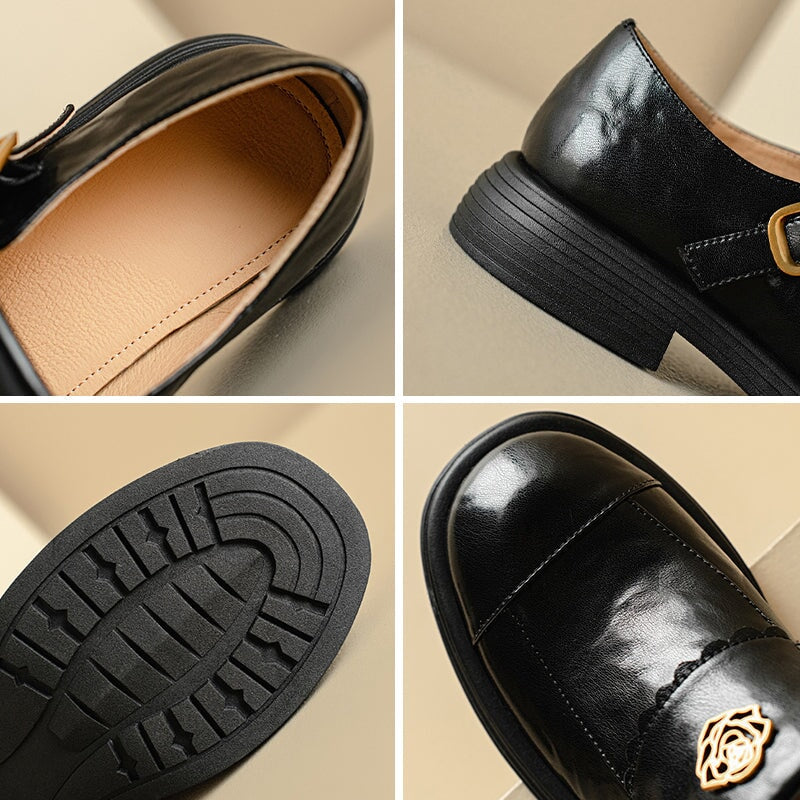 Handmade Leather Round Toe Loafers For Women In Black/Coffee - Image 9