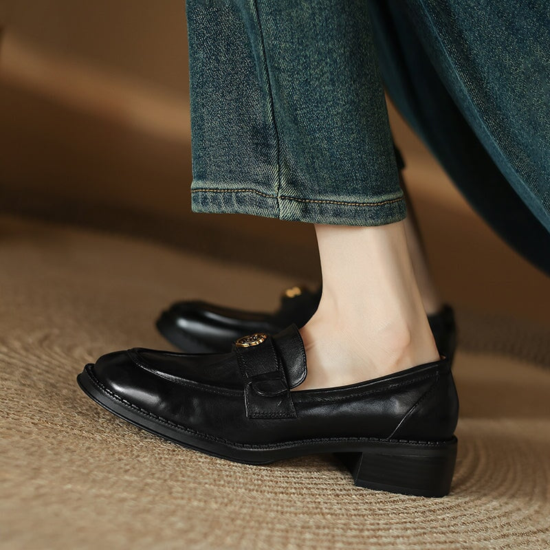 Vintage Round Toe Cow Leather Penny Loafers with Metal Camellia Design in Brown/Black - Image 5