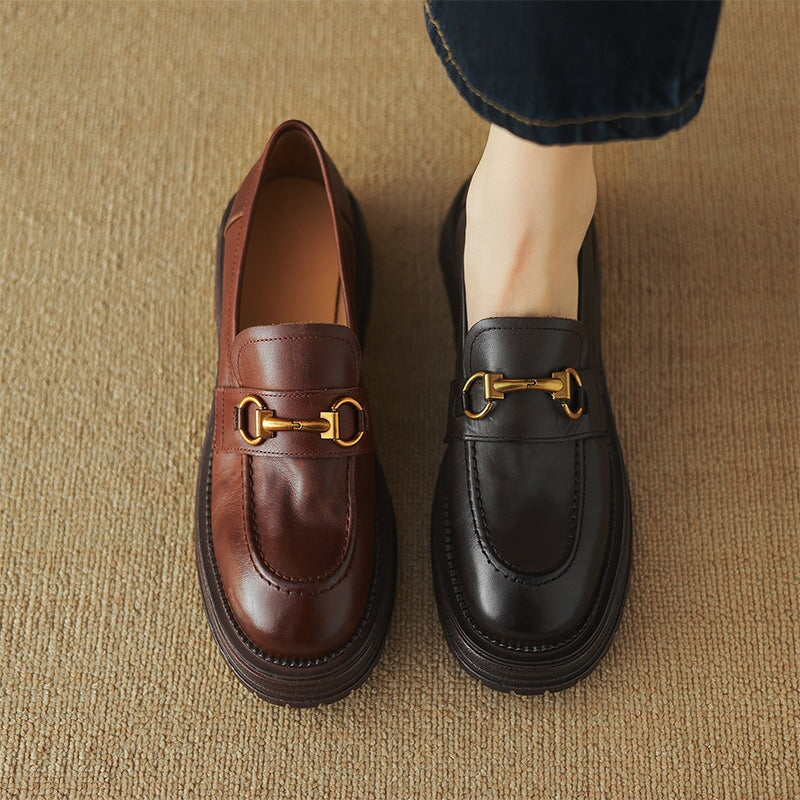 Vintage Horsebit Leather Penny Loafers for Women Slip-On Platform Shoes in Dark Brown/Dark Khaki - Image 3