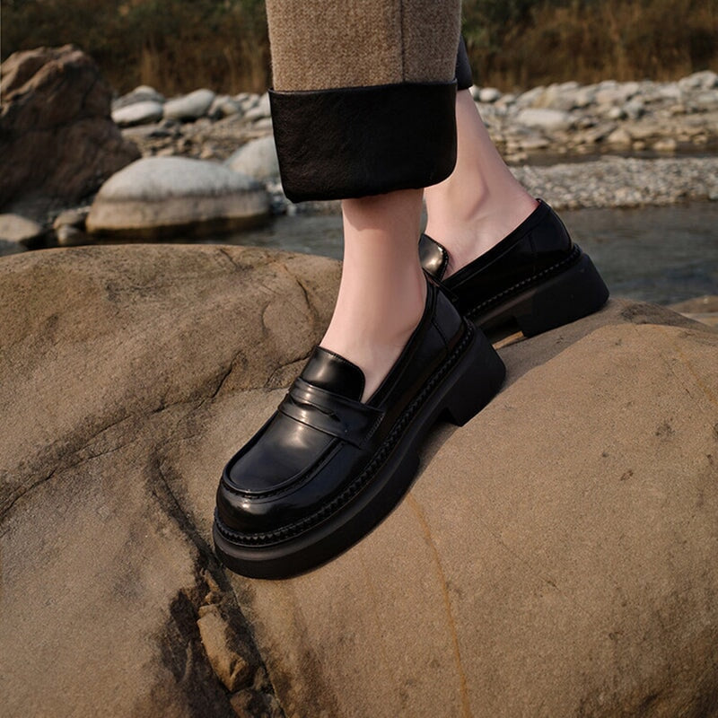 Round Toe Leather Penny Loafers for Women in Coffee/Black - Image 7