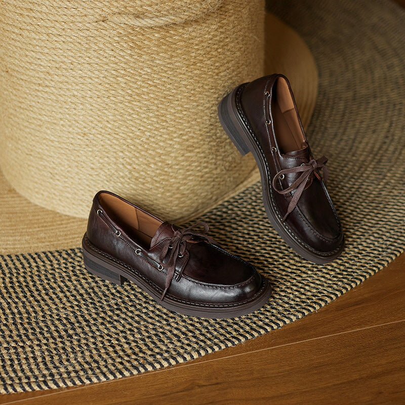 British Style Lace-up Waxing Cow Leather Loafers for Women in Coffee/Black - Image 3