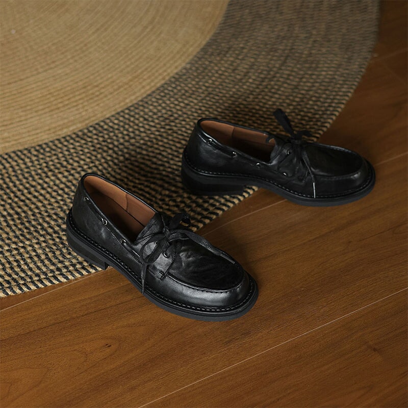 British Style Lace-up Waxing Cow Leather Loafers for Women in Coffee/Black - Image 4