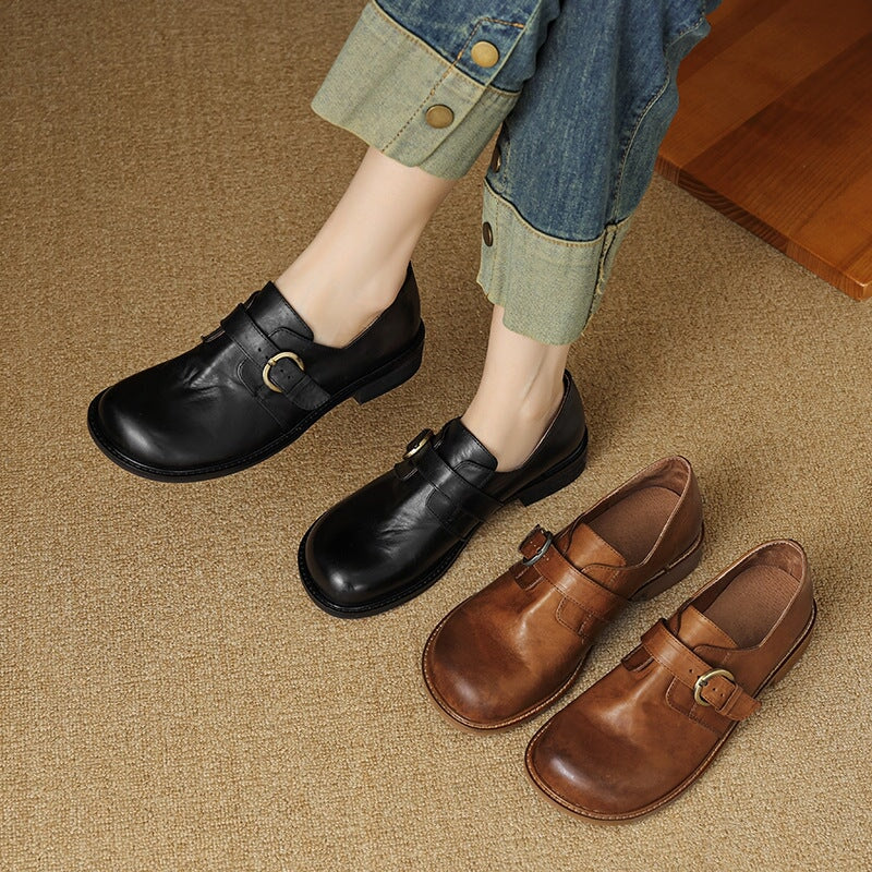 Preppy Style Womens Soft Leather Monk Strap Loafers in Black/Brown - Image 2