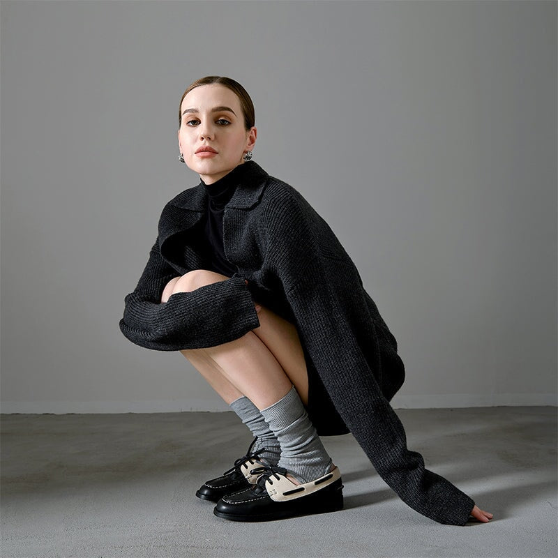 British Style Leather Boat Shoes for Women Contrast Color Lace-Up Loafers in Black/Brown - Image 5