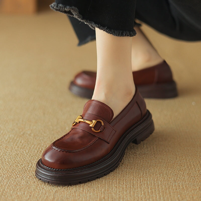 Vintage Horsebit Leather Penny Loafers for Women Slip-On Platform Shoes in Dark Brown/Dark Khaki - Image 2