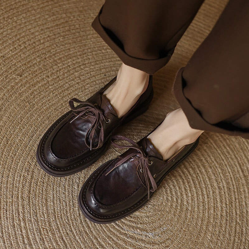 British Style Lace-up Waxing Cow Leather Loafers for Women in Coffee/Black - Image 5