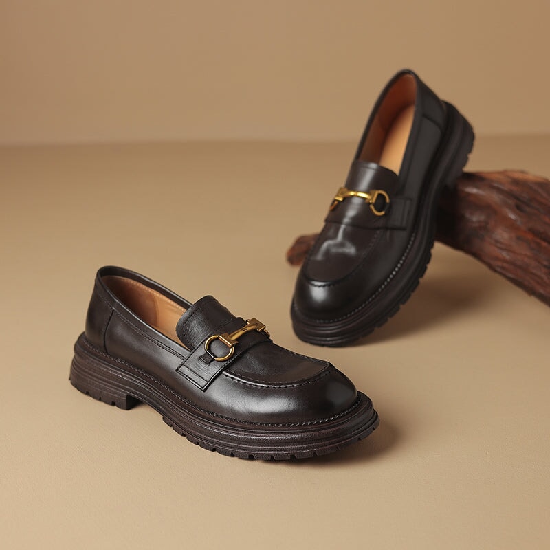 Vintage Horsebit Leather Penny Loafers for Women Slip-On Platform Shoes in Dark Brown/Dark Khaki - Image 4