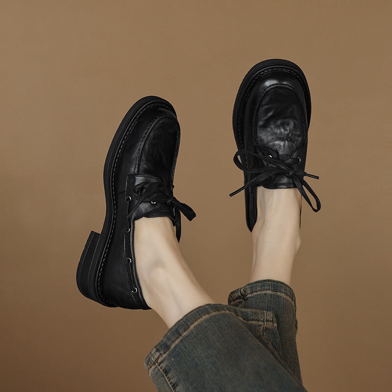 British Style Lace-up Waxing Cow Leather Loafers for Women in Coffee/Black - Image 6