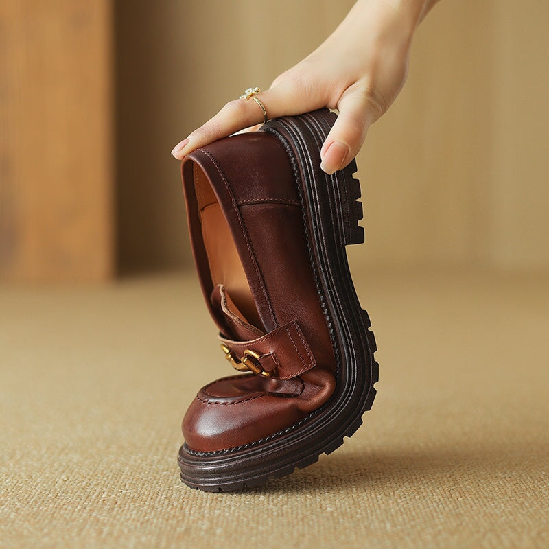 Vintage Horsebit Leather Penny Loafers for Women Slip-On Platform Shoes in Dark Brown/Dark Khaki - Image 8